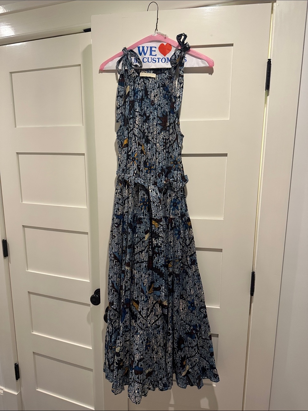 Ulla Johnson Navy, White Floral Tie-Shoulder Midi Dress. Belted waist. Pockets.